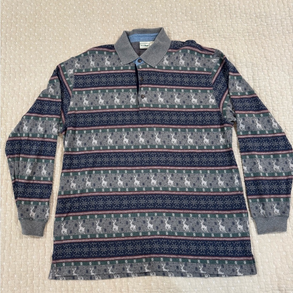 Vintage L.L. Bean Reindeer Polo Shirt Long Sleeve Fair Isle Nordic Size XL